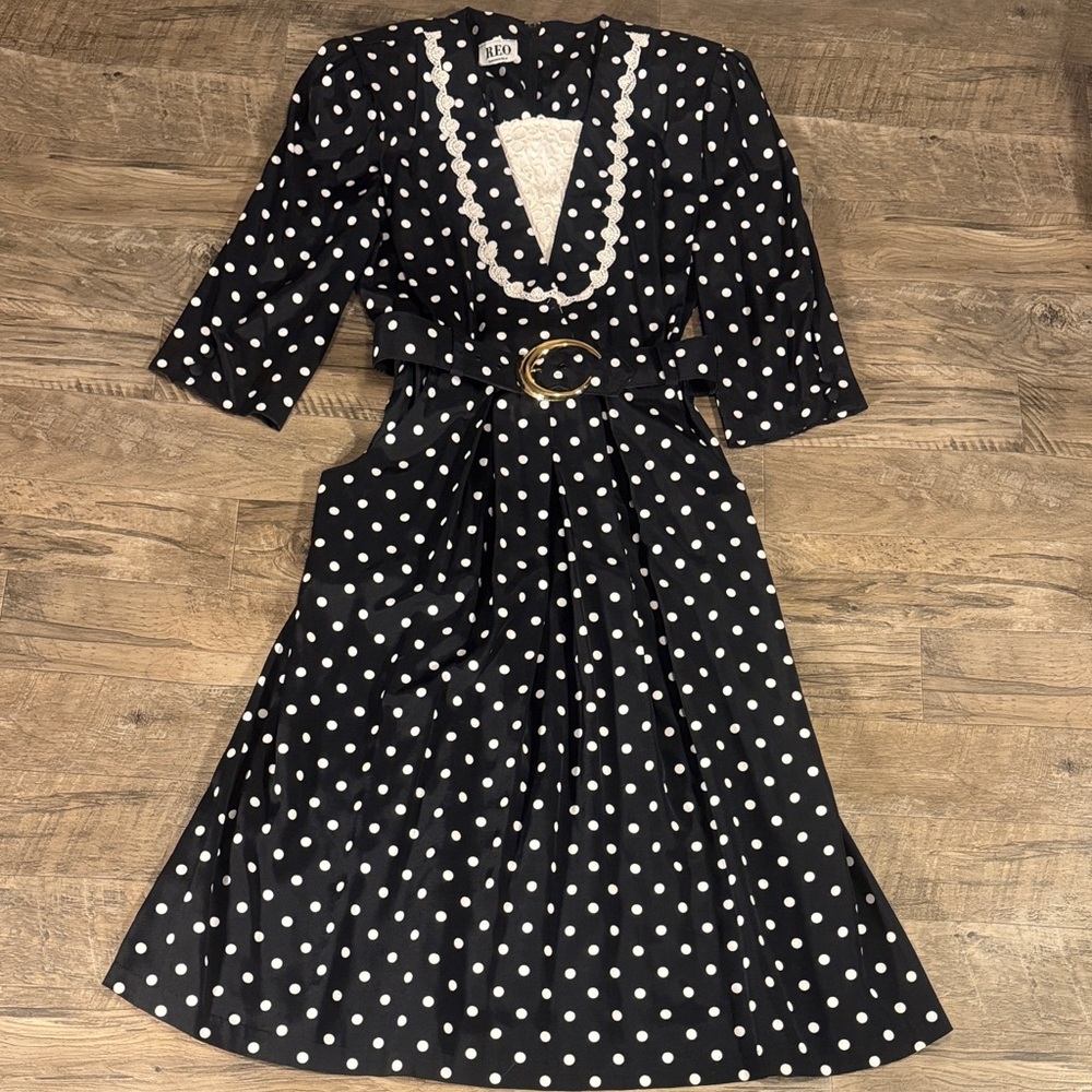 Vintage R.E.O. Originals Black & White Polka Dot 1/2 Sleeve Dress w/Lace Details